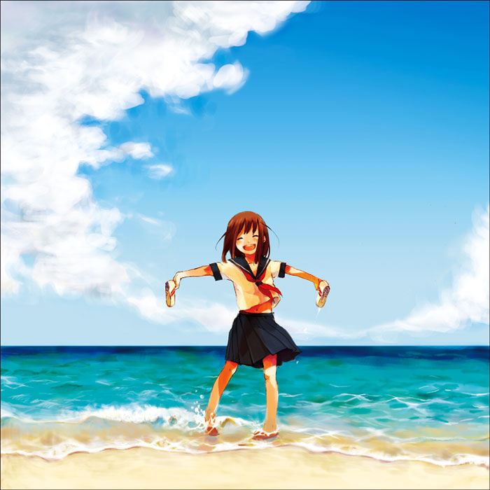 wakana (nagomoo), bad id, bad pixiv id, 1girl, beach, brown hair, closed eyes, cloud, day, female focus, laughing, ocean, outdoors, school uniform, serafuku, sky, solo, water