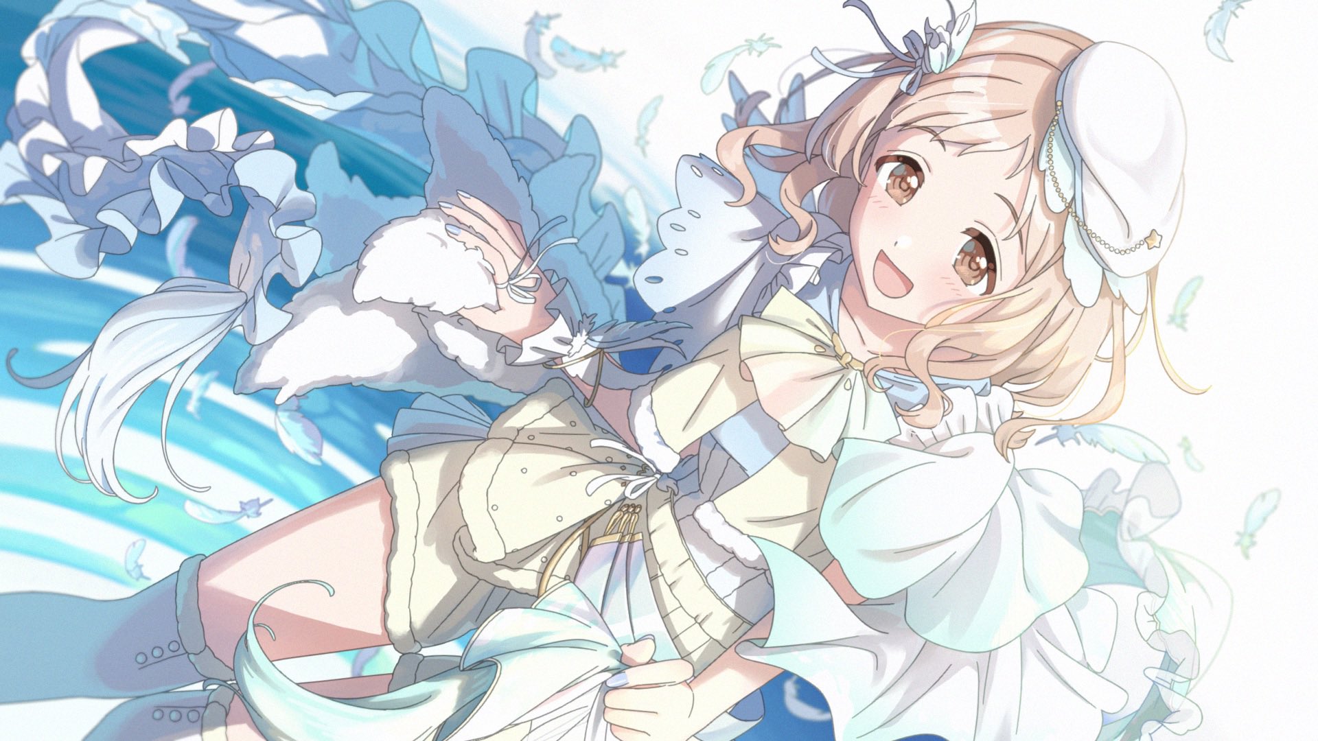 takada (pixiv 97599311), sakuragi mano, idolmaster, idolmaster shiny colors, highres, 1girl, :d, blonde hair, blue nails, brown eyes, dot nose, feathers, finger ribbon, floating hair, frills, happy, hat, idol, idol clothes, light blush, medium hair, open mouth, ribbon, shirt, shirt tucked in, short sleeves, shorts, smile, solo, standing, straight hair, tareme, thighhighs, white hat, white ribbon, white shirt, white thighhighs, yellow shorts