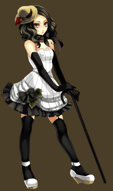 yamaoka sawara, black hair, brown eyes, cane, elbow gloves, gloves, hat, solo, thighhighs