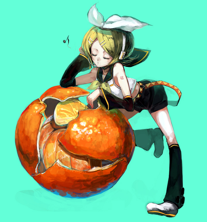 yamaoka sawara, kagamine rin, vocaloid, 1girl, aqua background, blonde hair, bow, closed eyes, detached sleeves, female focus, food, fruit, hair bow, hair ornament, hairclip, headphones, mandarin orange, midriff, oversized object, short hair, simple background, solo, whistle