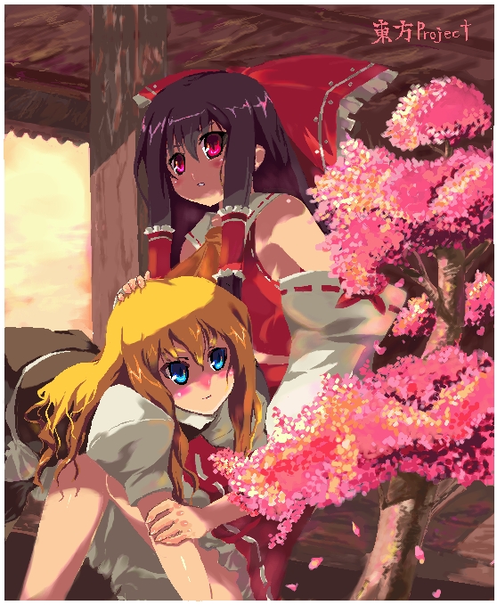 yoshimoto (dear life), hakurei reimu, kirisame marisa, touhou, bad id, bad pixiv id, 2girls, black hair, blonde hair, bonsai, bow, cherry blossoms, detached sleeves, female focus, hair bow, hair tubes, long sleeves, looking at viewer, multiple girls, on lap, plant, puffy short sleeves, puffy sleeves, red bow, red eyes, ribbon-trimmed sleeves, ribbon trim, short sleeves, sidelocks, sitting