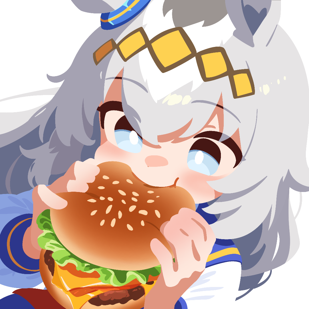 oguri cap (umamusume), umamusume, 1girl, animal ears, blue eyes, burger, ear ornament, eating, food, grey hair, hair between eyes, hair ornament, holding, holding burger, holding food, horse ears, horse girl, light blush, long hair, no lineart, solo, transparent background, waonaolmao