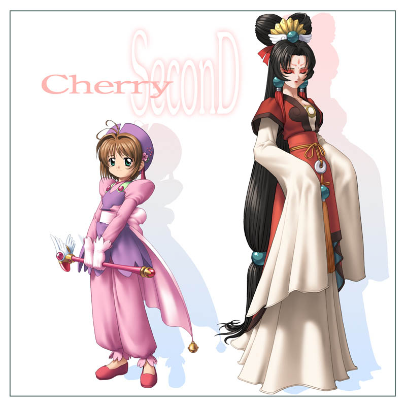 circle garyuu, kinomoto sakura, madoushi, cardcaptor sakura, cherry third, 1990s (style), 2girls, black hair, child, full body, fuuin no tsue, gem, hair rings, hat, height difference, long sleeves, looking at viewer, magical girl, multiple girls, pink background, purple hat, retro artstyle, robe, simple background, standing, tiara, wide sleeves