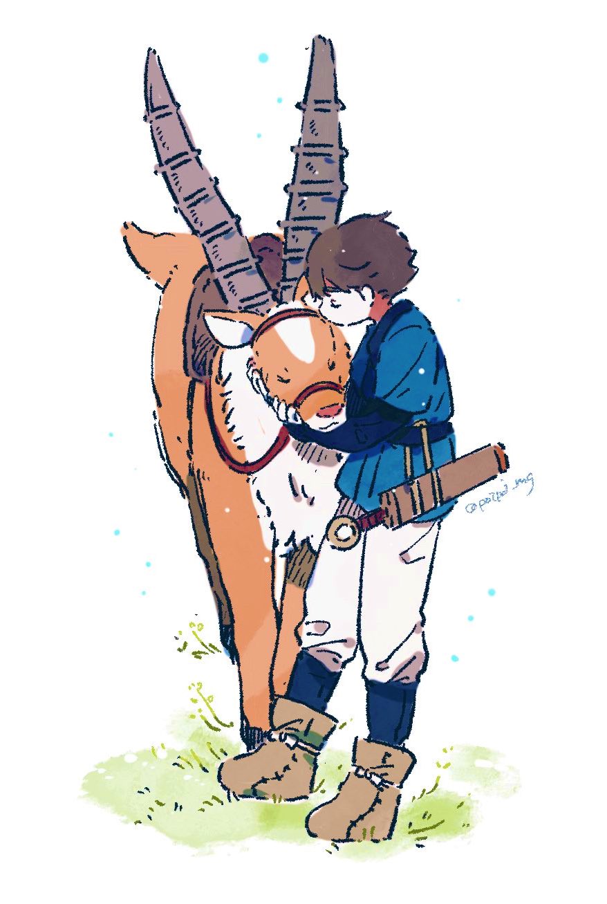 hazime, ashitaka, yakul, mononoke hime, commentary request, highres, 1boy, antelope horns, blue kimono, boots, brown hair, closed eyes, full body, japanese clothes, kimono, kiss, leash, pants, twitter username, white pants