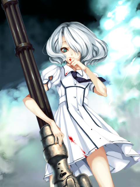 yamaoka sawara, blood, blue eyes, blue hair, gatling gun, gun, huge weapon, school uniform, serafuku, solo, weapon