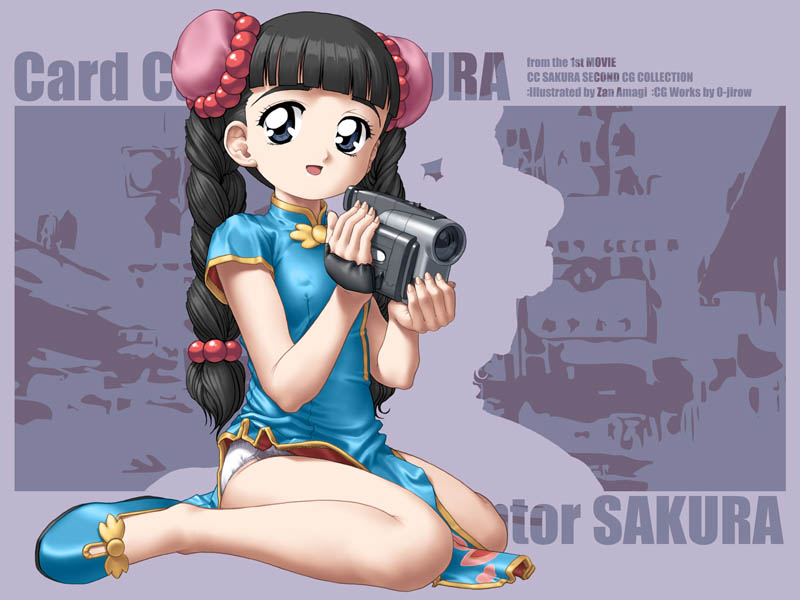 circle garyuu, daidouji tomoyo, cardcaptor sakura, cherry third, 1990s (style), 1girl, black hair, blue eyes, braid, bun cover, camcorder, camera, child, china dress, chinese clothes, double bun, dress, female focus, full body, hair bun, long hair, nipple piercing, nipple rings, nipples, open mouth, panties, pantyshot, piercing, retro artstyle, sitting, smile, solo, twin braids, underwear, video camera, when you see it