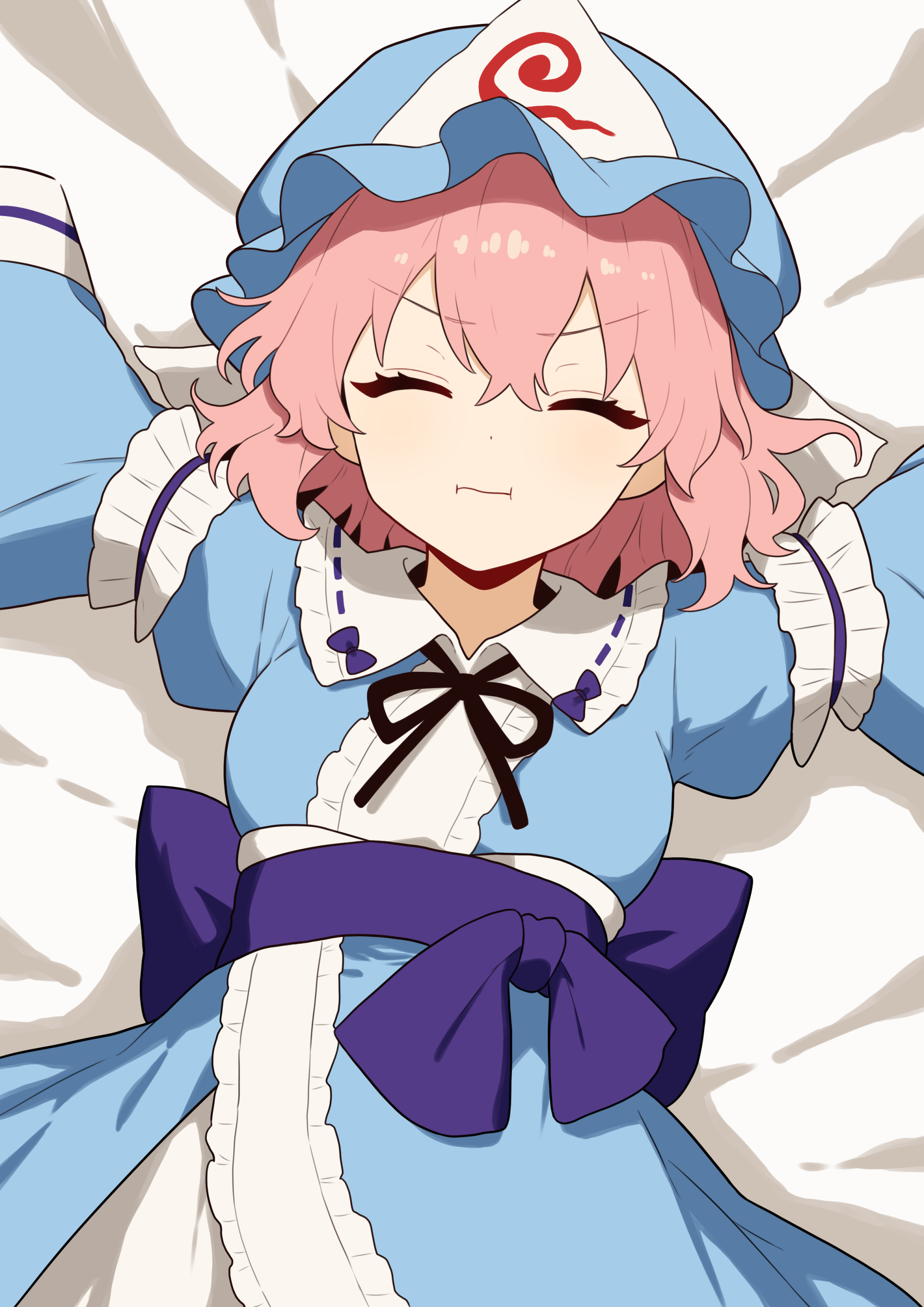 snackdang, saigyouji yuyuko, touhou, absurdres, commentary request, highres, textless version, 1girl, black ribbon, blue hat, blue kimono, closed eyes, closed mouth, facing viewer, frilled kimono, frills, hat, japanese clothes, kimono, lying, mob cap, neck ribbon, on back, pink hair, pout, ribbon, sleeve garter, solo, triangular headpiece