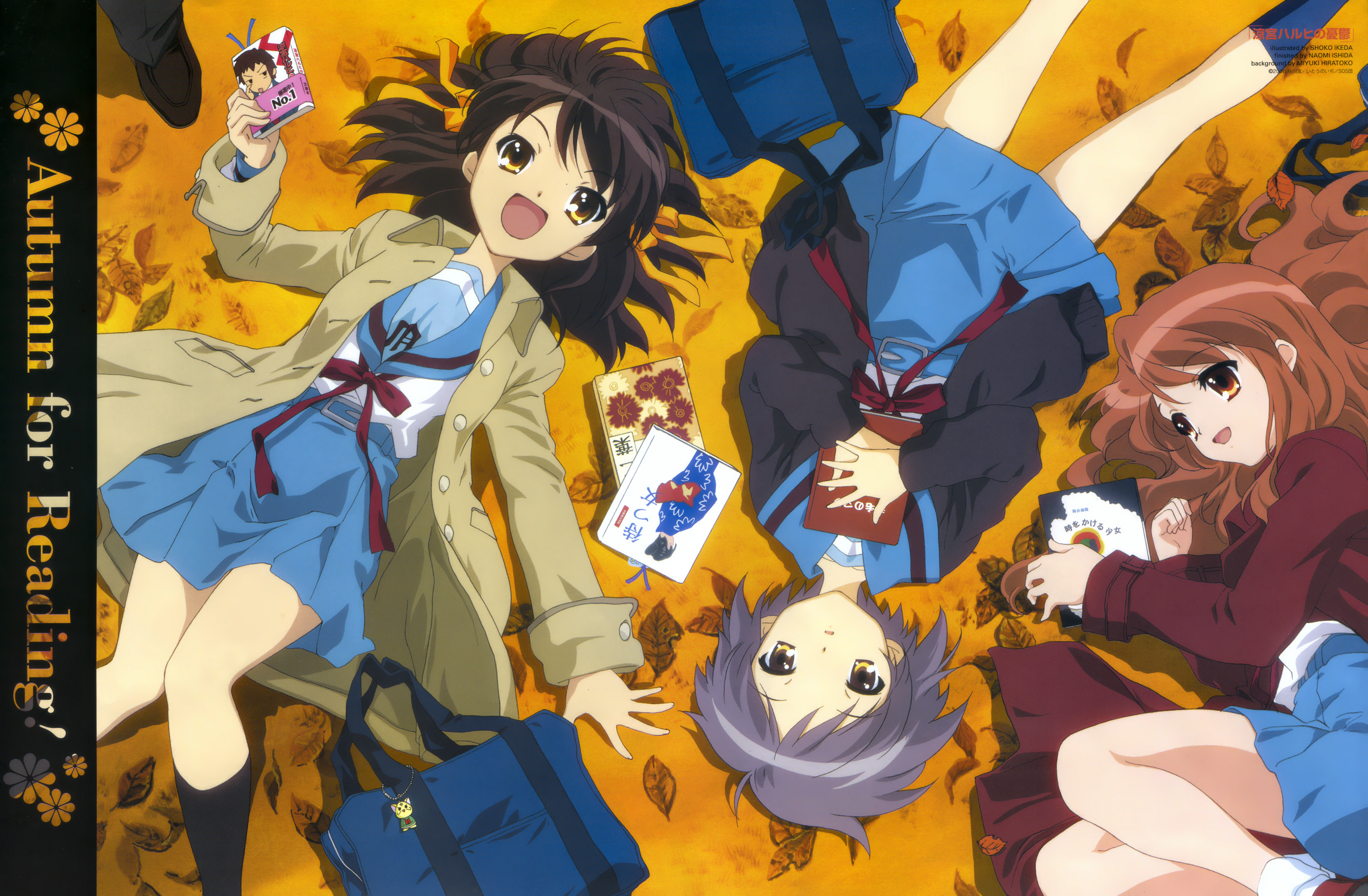 asahina mikuru, nagato yuki, suzumiya haruhi, suzumiya haruhi no yuuutsu, absurdres, highres, 00s, bag, book, holding, holding manga, manga (object), orange background, school uniform, serafuku