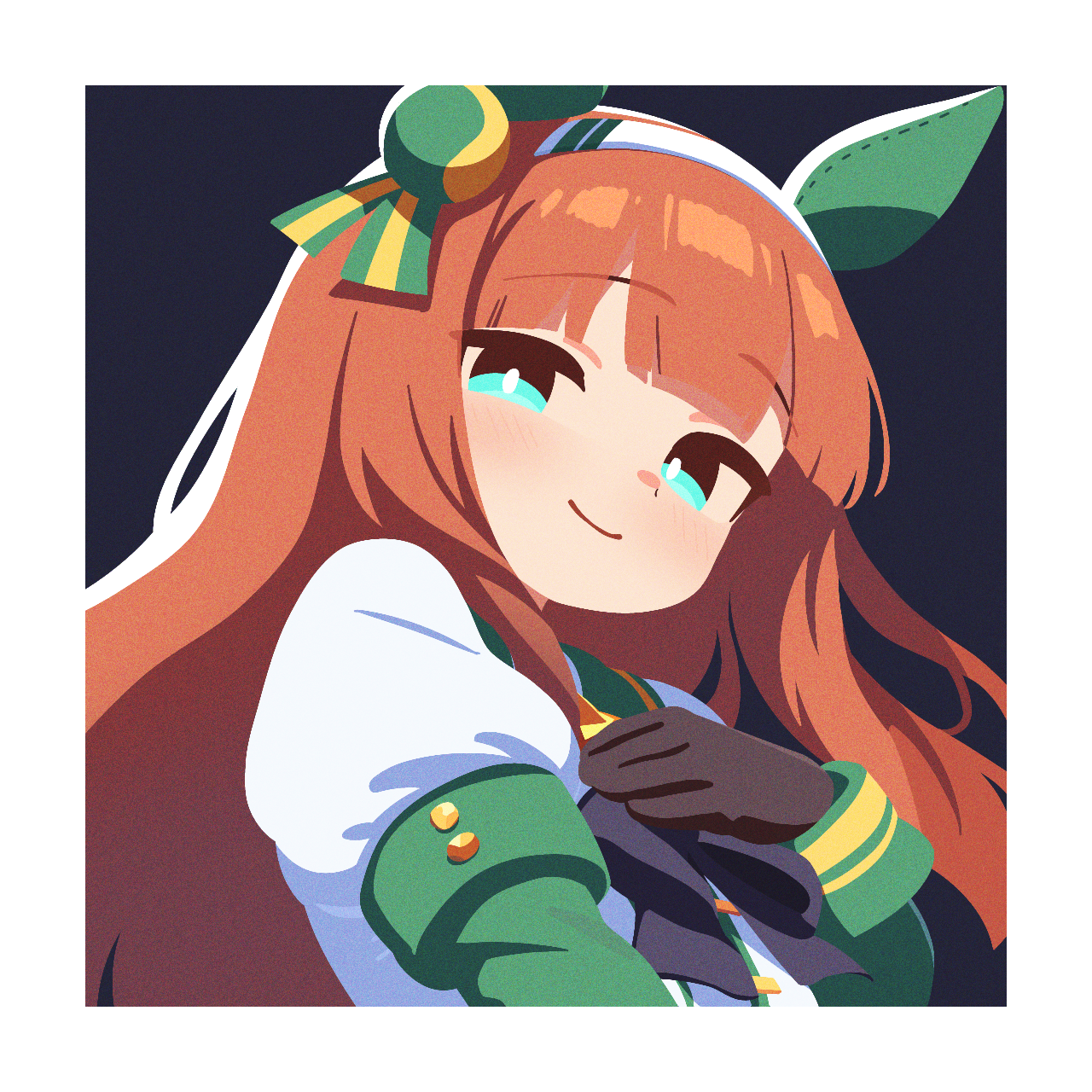 silence suzuka (umamusume), umamusume, highres, 1girl, animal ears, black bow, black bowtie, black gloves, blunt bangs, border, bow, bowtie, closed mouth, ear covers, gloves, green eyes, hairband, hand on own chest, horse ears, horse girl, juliet sleeves, long hair, long sleeves, looking at viewer, no lineart, orange hair, puffy sleeves, silence suzuka (racing) (umamusume), smile, solo, waonaolmao, white border, white hairband