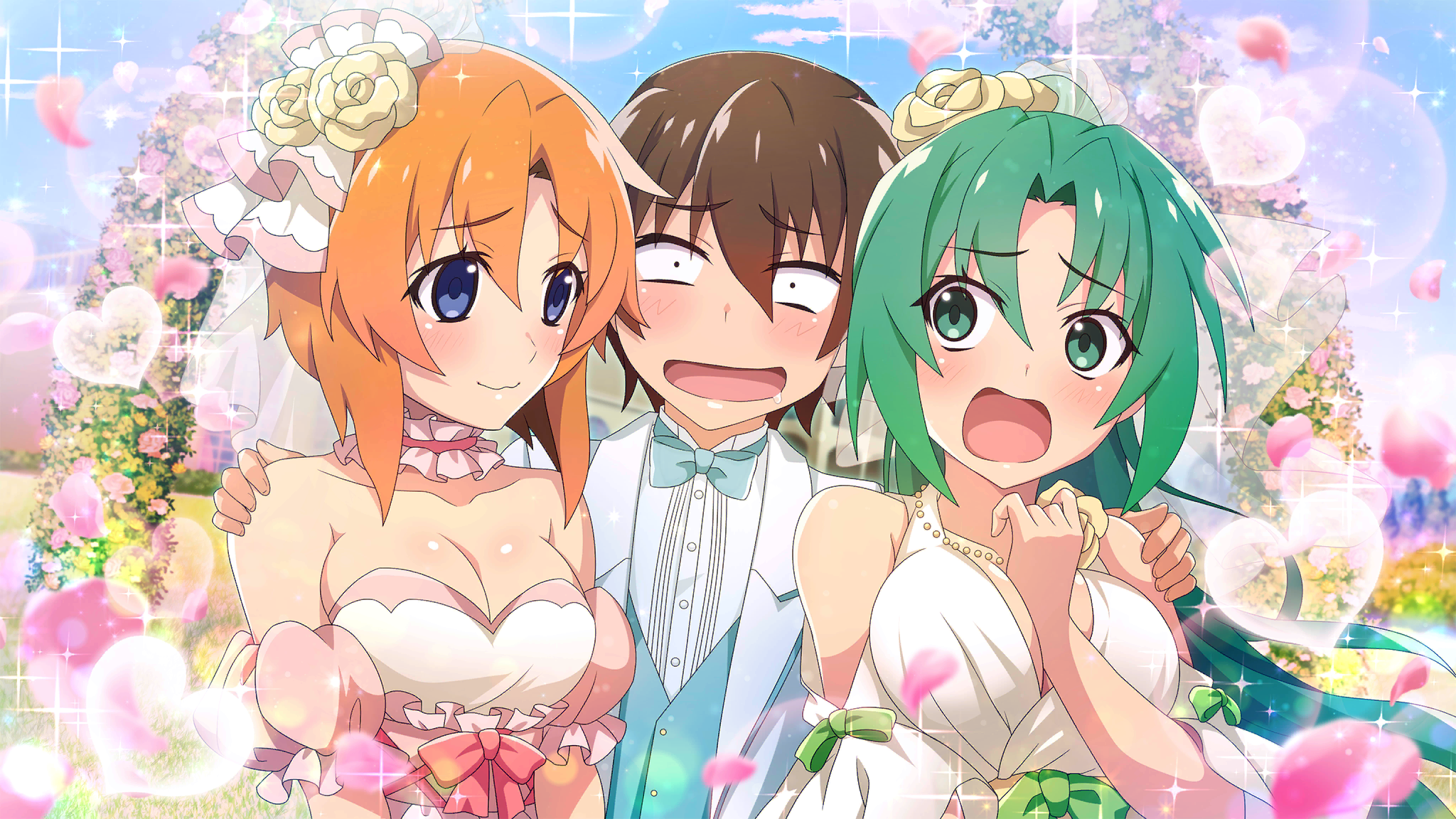 maebara keiichi, ryuuguu rena, sonozaki mion, higurashi no naku koro ni, higurashi no naku koro ni mei, artist request, game cg, highres, non-web source, official art, 1boy, 2girls, aqua bow, aqua bowtie, aqua vest, blue eyes, blue sky, blush, bow, bowtie, breasts, brown hair, cleavage, detached sleeves, dress, drooling, embarrassed, flower, formal clothes, green eyes, green hair, hair flower, hair ornament, hand on another's shoulder, heart, large breasts, long hair, medium hair, multiple girls, open mouth, orange hair, outdoors, puffy detached sleeves, puffy sleeves, shirt, sky, smile, sparkle, suit, vest, wedding dress, white dress, white shirt, white suit, yellow flower
