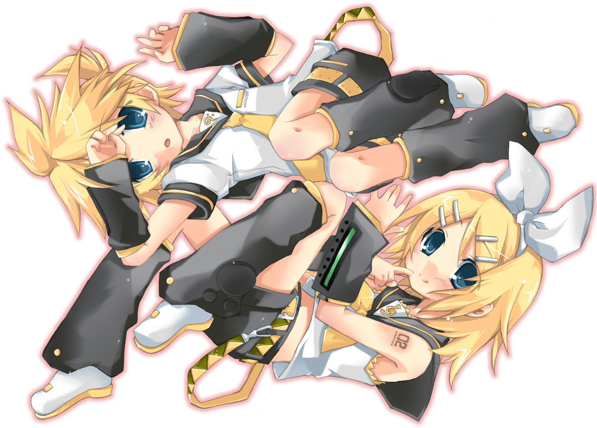 hekicha, kagamine len, kagamine rin, vocaloid, 1boy, 1girl, blonde hair, blue eyes, brother and sister, open mouth, siblings, twins