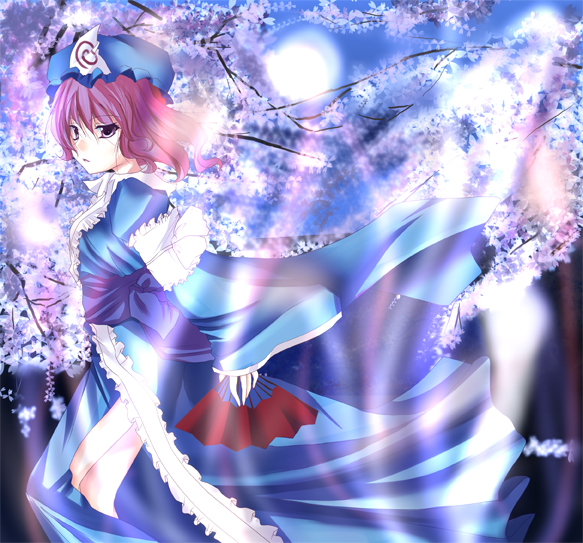 crown macchiato, oimari, saigyouji yuyuko, touhou, 1girl, collar, cowboy shot, expressionless, female focus, frills, hat, long sleeves, looking at viewer, magic, mob cap, pink eyes, pink hair, short hair, solo, triangular headpiece