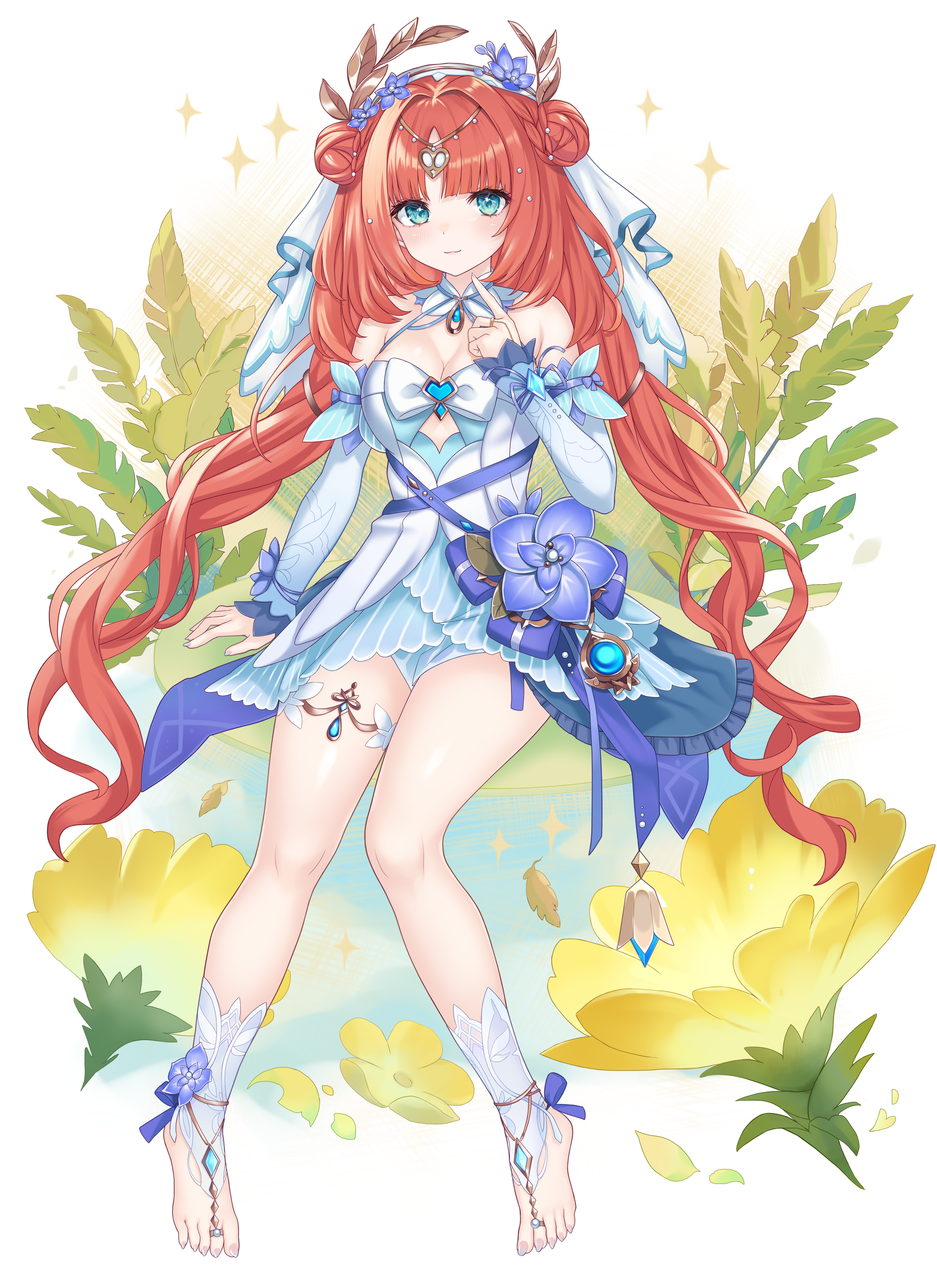 chicami, nilou (breeze of sabaa) (genshin impact), nilou (genshin impact), genshin impact, absurdres, commentary, highres, symbol-only commentary, 1girl, bare shoulders, barefoot, blue eyes, blue gemstone, blue sleeves, blush, breasts, circlet, cleavage, closed mouth, detached sleeves, double bun, dress, flower, full body, gem, hair bun, hair flower, hair ornament, light smile, long hair, looking at viewer, medium breasts, multicolored nails, nail polish, official alternate costume, parted bangs, pink nails, purple flower, red hair, sitting, sleeveless, sleeveless dress, solo, toenail polish, toenails, very long hair, white dress