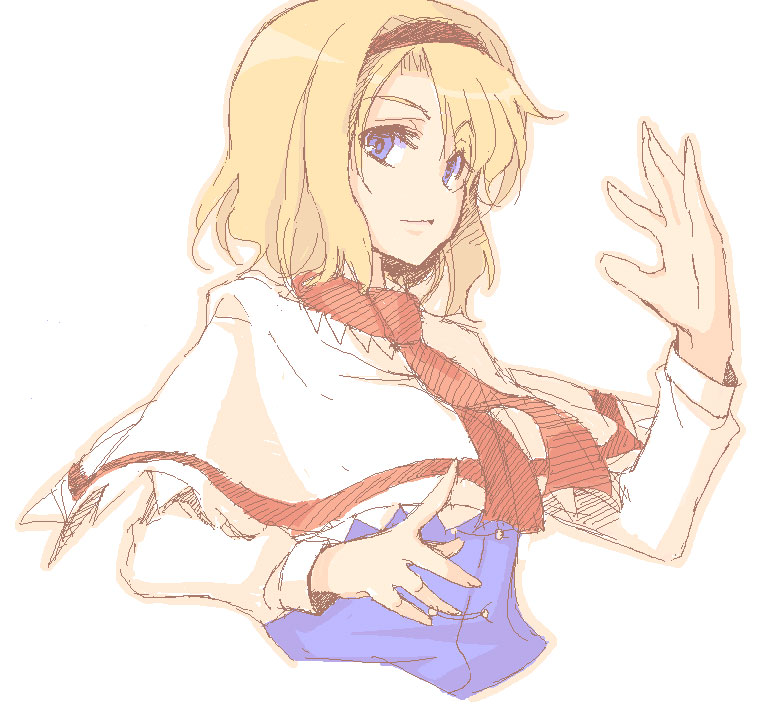 a utopia, hirase yuu, alice margatroid, touhou, 1girl, blonde hair, blue eyes, capelet, female focus, hairband, necktie, oekaki, simple background, solo, upper body, white background