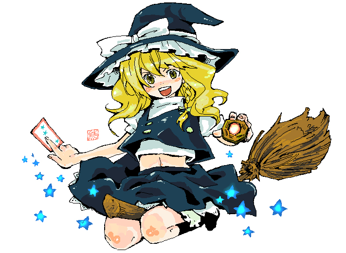 kuma (artist), kuma (crimsonvanilla), kirisame marisa, touhou, 1girl, :d, black skirt, blonde hair, blush, braid, broom, broom riding, female focus, full body, holding, long hair, midriff, navel, oekaki, open mouth, puffy short sleeves, puffy sleeves, round teeth, shoes, short sleeves, simple background, single braid, skirt, smile, socks, solo, stomach, teeth, white background, white socks