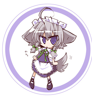 shirogane (platinum), inu sakuya (nejikirio), izayoi sakuya, touhou, silver hair, lowres, 1girl, ahoge, animal ears, braid, chibi, dog ears, dog tail, female focus, short hair, solo, tail, twin braids