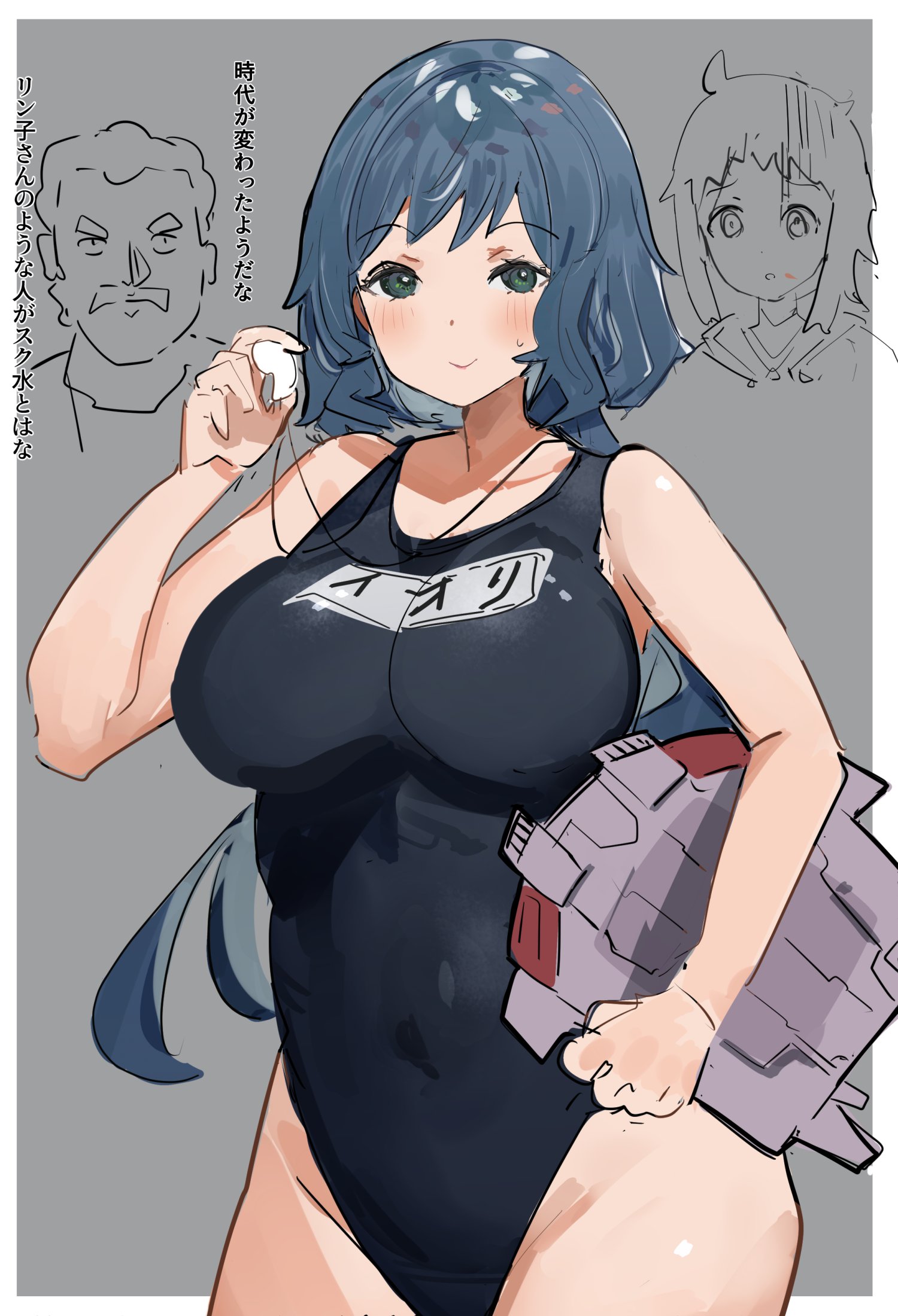the olphy, base jabber, iori rinko, iori sei, ral-san, gundam, gundam build fighters, commentary request, highres, translation request, 1girl, 2boys, blue eyes, blue hair, blush, breasts, grey background, kickboard, large breasts, long hair, mature female, multiple boys, new school swimsuit, school swimsuit, short hair, swimsuit, whistle, whistle around neck
