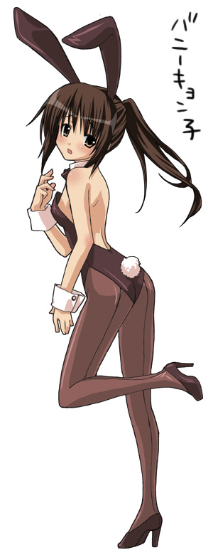 yusya, kyon, kyonko, suzumiya haruhi no yuuutsu, gender request, translated, 00s, 1girl, animal ears, breasts, fake animal ears, female focus, flat chest, full body, genderswap, leotard, pantyhose, playboy bunny, ponytail, rabbit ears, simple background, solo