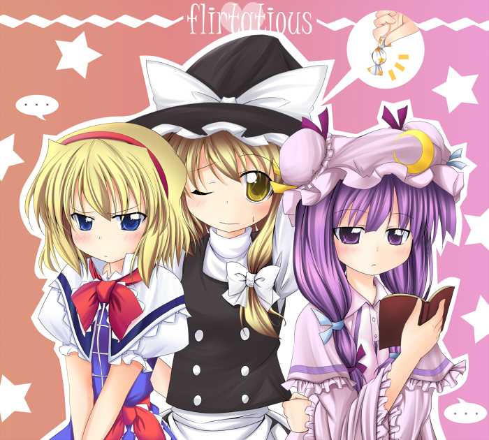 makino (ukiuo), alice margatroid, kirisame marisa, patchouli knowledge, touhou, 3girls, apron, blonde hair, blue dress, blush, book, bow, bowtie, braid, dress, expressionless, female focus, hat, holding, holding book, jitome, long hair, looking at viewer, multiple girls, open book, purple eyes, purple hair, red bow, red bowtie, short hair, single braid, speech bubble, star (symbol), talking, text focus, upper body, v arms, very long hair, waist apron, witch hat