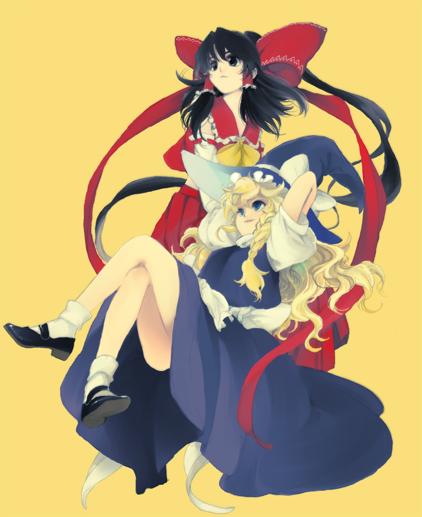 kanke (yonkuma), hakurei reimu, kirisame marisa, touhou, bad id, bad pixiv id, 2girls, black eyes, black hair, blonde hair, blue eyes, bow, braid, detached sleeves, female focus, hair bow, hat, japanese clothes, looking up, miko, multiple girls, witch, witch hat