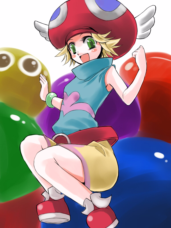 atoshi, amitie (puyopuyo), puyo (puyopuyo), compile, madou monogatari, puyopuyo, puyopuyo fever, bad id, bad pixiv id, 1girl, bare shoulders, blonde hair, female focus, flipped hair, green eyes, happy, hat, sleeveless, sleeveless turtleneck, solo, turtleneck