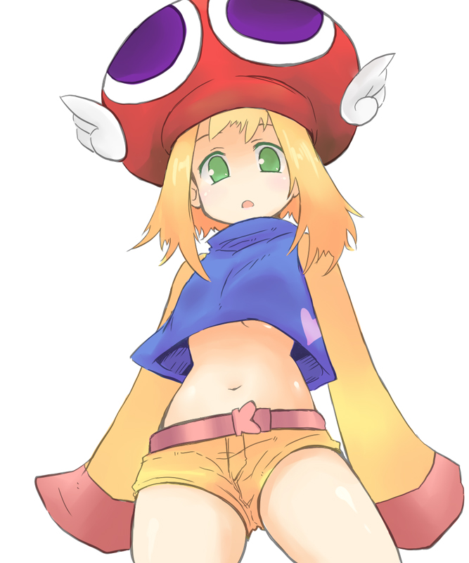 nekomatagi, amitie (puyopuyo), madou monogatari, puyopuyo, puyopuyo fever, puyopuyo fever 2, bad id, bad pixiv id, 1girl, :o, blonde hair, breasts, female focus, from below, green eyes, hat, long sleeves, midriff, navel, no nose, open mouth, short hair, short shorts, shorts, simple background, sleeves past wrists, small breasts, solo, underboob, white background