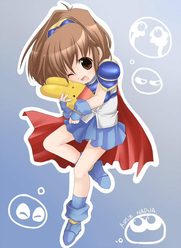 kosumo, arle nadja, carbuncle (puyopuyo), puyo (puyopuyo), madou monogatari, puyopuyo, 1girl, armor, armored dress, blue skirt, brown eyes, brown hair, character name, dress, female focus, grey background, hug, skirt, solo