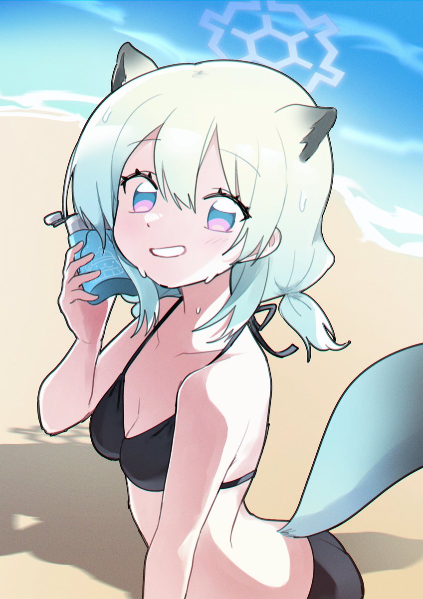 tamago bororo, shigure (blue archive), blue archive, highres, 1girl, animal ears, beach, bikini, black bikini, breasts, cleavage, collarbone, flask, grin, hair between eyes, halo, holding, looking at viewer, low twintails, medium hair, multicolored eyes, ocean, outdoors, purple eyes, sand, small breasts, smile, solo, swimsuit, tail, twintails, water, weasel ears