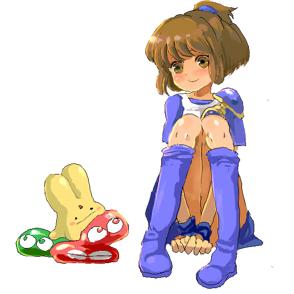 goma, gomoma (bluehighlow), arle nadja, carbuncle (puyopuyo), puyo (puyopuyo), madou monogatari, puyopuyo, bad id, bad pixiv id, 1girl, brown hair, female focus, half updo, oekaki, solo, white background