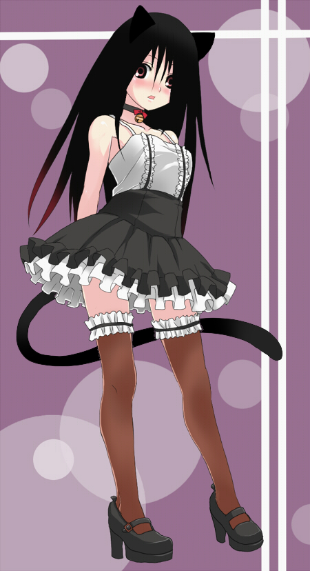 ekra, komori kiri, sayonara zetsubou sensei, bad id, bad pixiv id, 00s, animal ears, bell, black hair, blush, cat ears, cat tail, high heels, jingle bell, mary janes, platform shoes, shoes, skirt, solo, tail, thighhighs