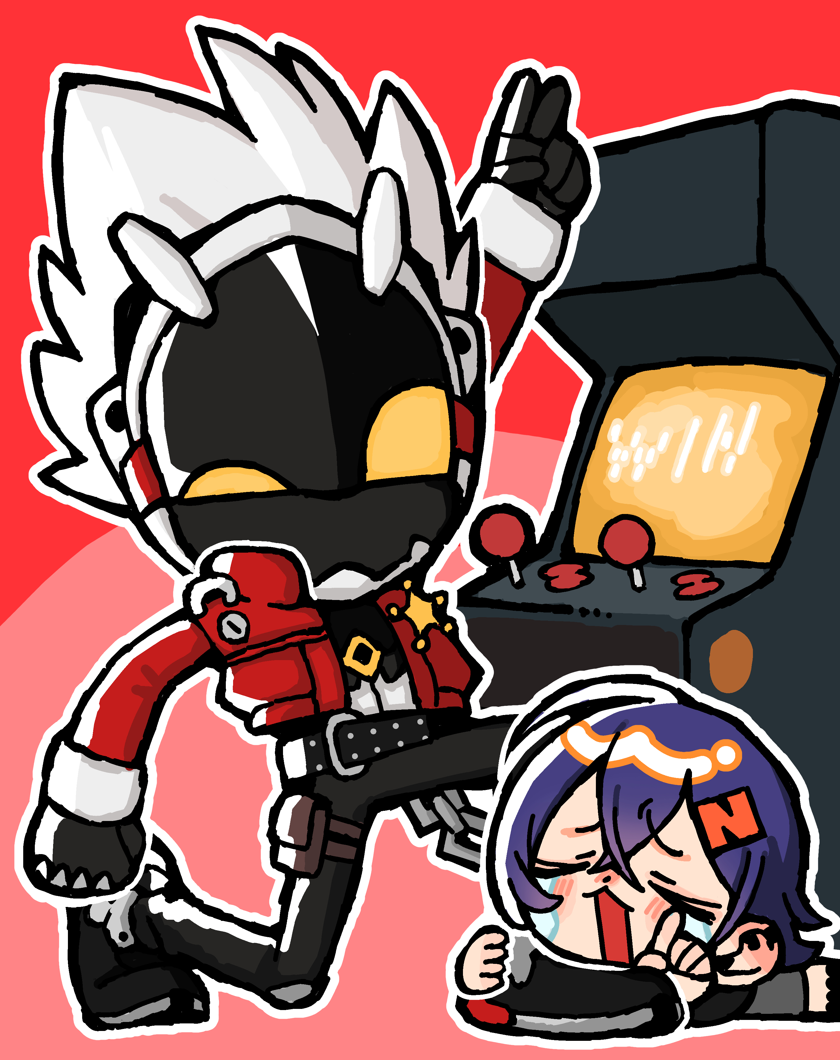 andii (anzai teachco), belle (zenless zone zero), billy kid, zenless zone zero, victory, absurdres, highres, belt, chain, closed eyes, coat, crying, hair ornament, hairpin, lying, on stomach, playing games, red coat, robot, white hair, yellow eyes