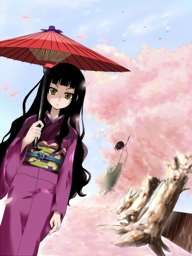 gorgonzola (paradisegom), itoshiki nozomu, itoshiki rin, sayonara zetsubou sensei, bad id, bad pixiv id, 00s, black hair, blunt bangs, brother and sister, cherry blossoms, dutch angle, falling petals, hanged, japanese clothes, kimono, noose, oil-paper umbrella, parasol, petals, siblings, suicide, umbrella, yellow eyes