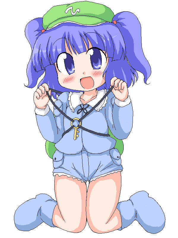 geetsu, kawashiro nitori, touhou, 1girl, aged down, backpack, bag, blue dress, blue eyes, blue hair, blue hat, boots, collar, dress, female focus, frills, full body, hat, key, kneeling, long sleeves, looking at viewer, matching hair/eyes, paw pose, rubber boots, shorts, simple background, smile, solo, two side up, white background