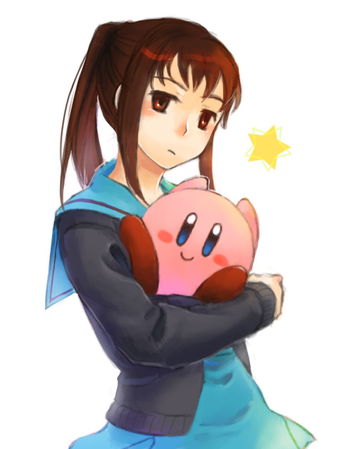 mishio, kirby, kyon, kyonko, kirby (series), nintendo, suzumiya haruhi no yuuutsu, bad id, bad pixiv id, gender request, 00s, 1girl, crossover, female focus, genderswap, ponytail, school uniform, serafuku, simple background, solo