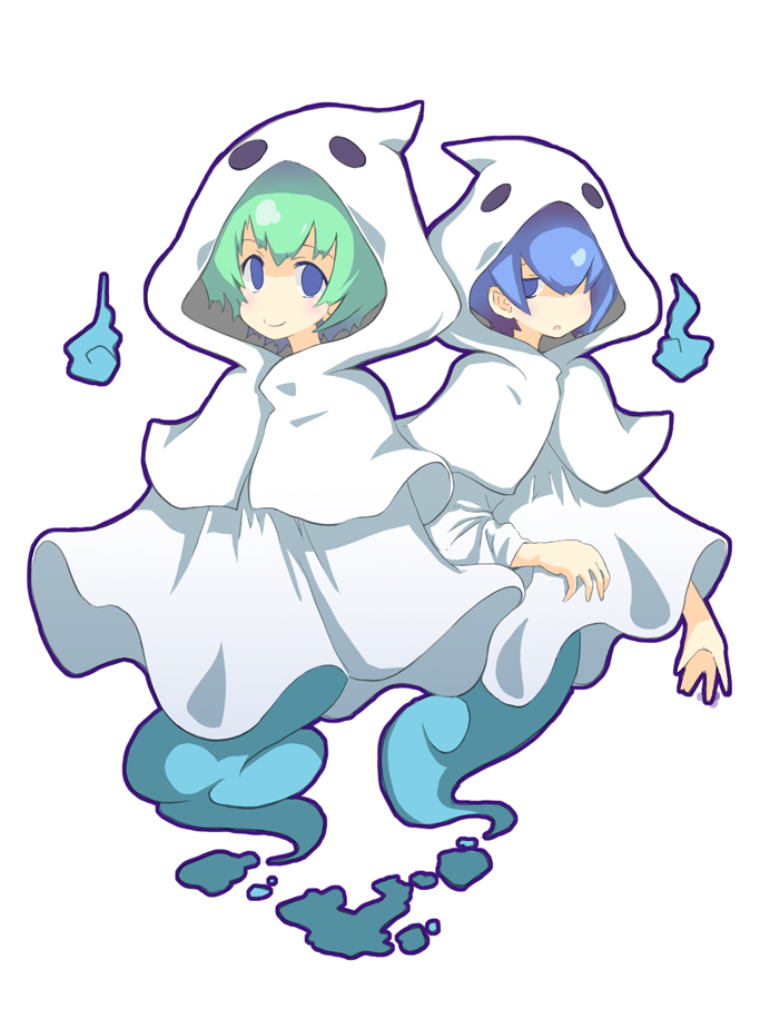 nekomatagi, rei (puyopuyo), yu (puyopuyo), madou monogatari, puyopuyo, puyopuyo fever, puyopuyo fever 2, bad id, bad pixiv id, 1boy, 1girl, blue eyes, blue hair, ghost, ghost tail, green hair, hood, no nose, short hair, smile, white background