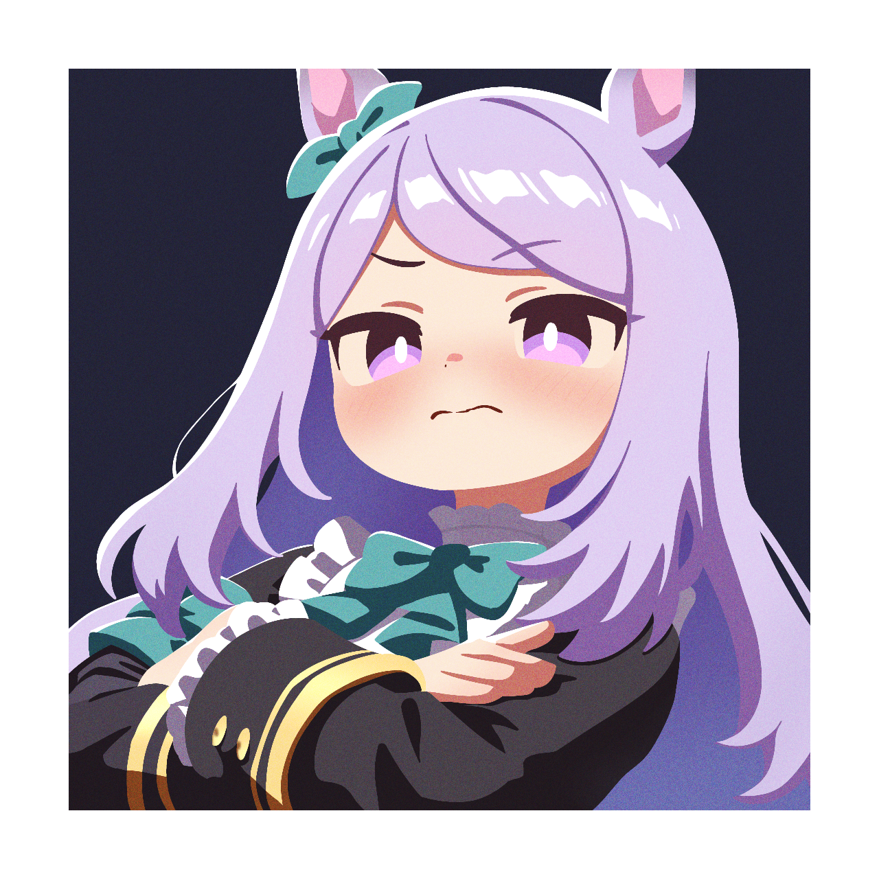 mejiro mcqueen (umamusume), umamusume, highres, 1girl, animal ears, border, bow, bowtie, closed mouth, crossed arms, ear bow, green bow, green bowtie, horse ears, horse girl, light blush, long hair, long sleeves, looking at viewer, no lineart, purple eyes, purple hair, solo, swept bangs, v-shaped eyebrows, waonaolmao, white border