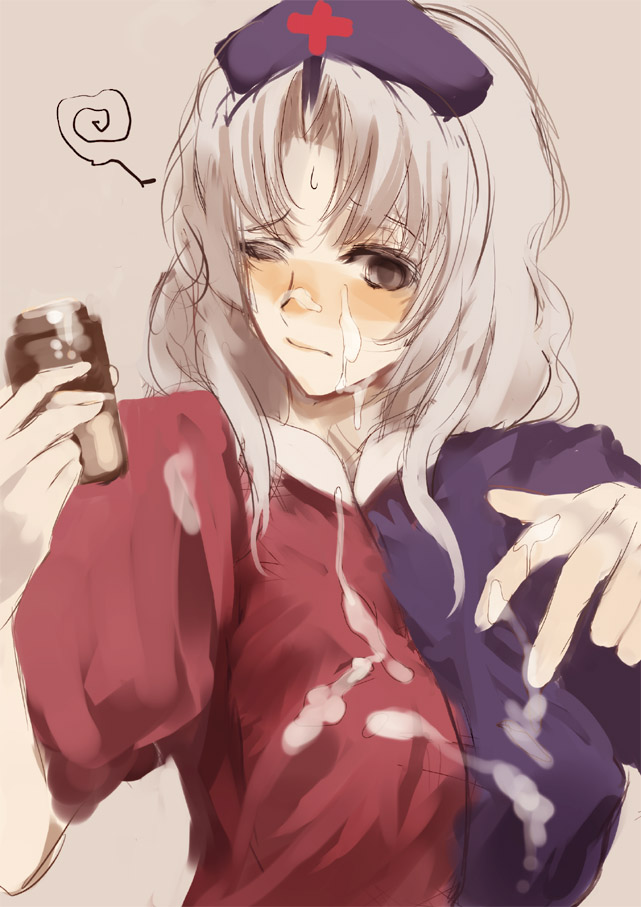 nokishita, yagokoro eirin, touhou, 1girl, blush, bottle, cum, female focus, sexually suggestive, solo, suggestive fluid