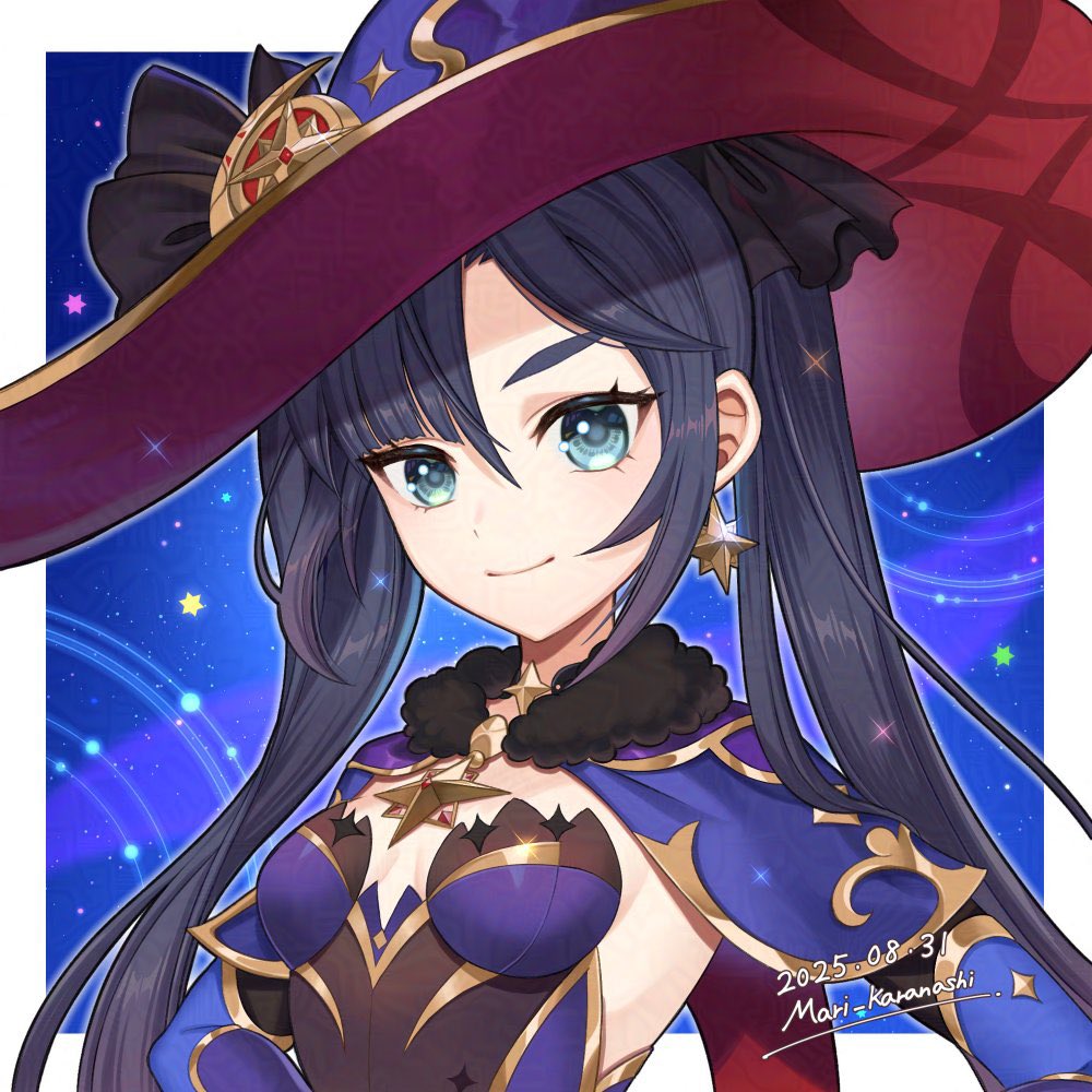 karanashi mari, mona (genshin impact), genshin impact, adversarial noise, commentary request, 1girl, black hair, blue background, blue eyes, border, breasts, breasts apart, closed mouth, dated, earrings, hat, jewelry, long hair, looking at viewer, medium breasts, outside border, signature, smile, solo, twintails, upper body, very long hair, white border, witch hat