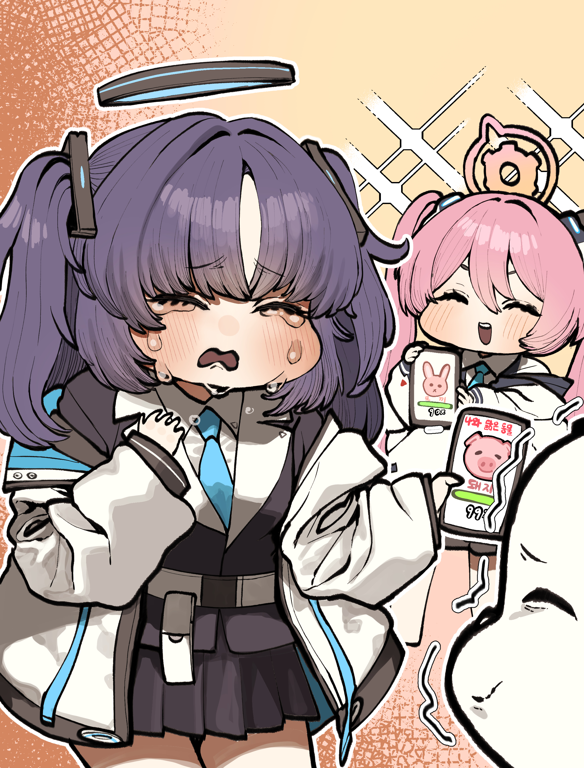 chroong, doodle sensei (blue archive), koyuki (blue archive), sensei (blue archive), yuuka (blue archive), blue archive, absurdres, highres, 1boy, 2girls, belt, blue necktie, cellphone, closed eyes, collared shirt, crying, formal clothes, hair ornament, halo, holding, holding phone, jacket, jacket partially removed, long hair, multiple girls, necktie, open clothes, open jacket, open mouth, phone, pig, pink hair, pink halo, purple hair, rabbit, school uniform, shirt, skirt, skirt suit, smartphone, suit, trembling, triangle hair ornament, two side up, white jacket, white shirt