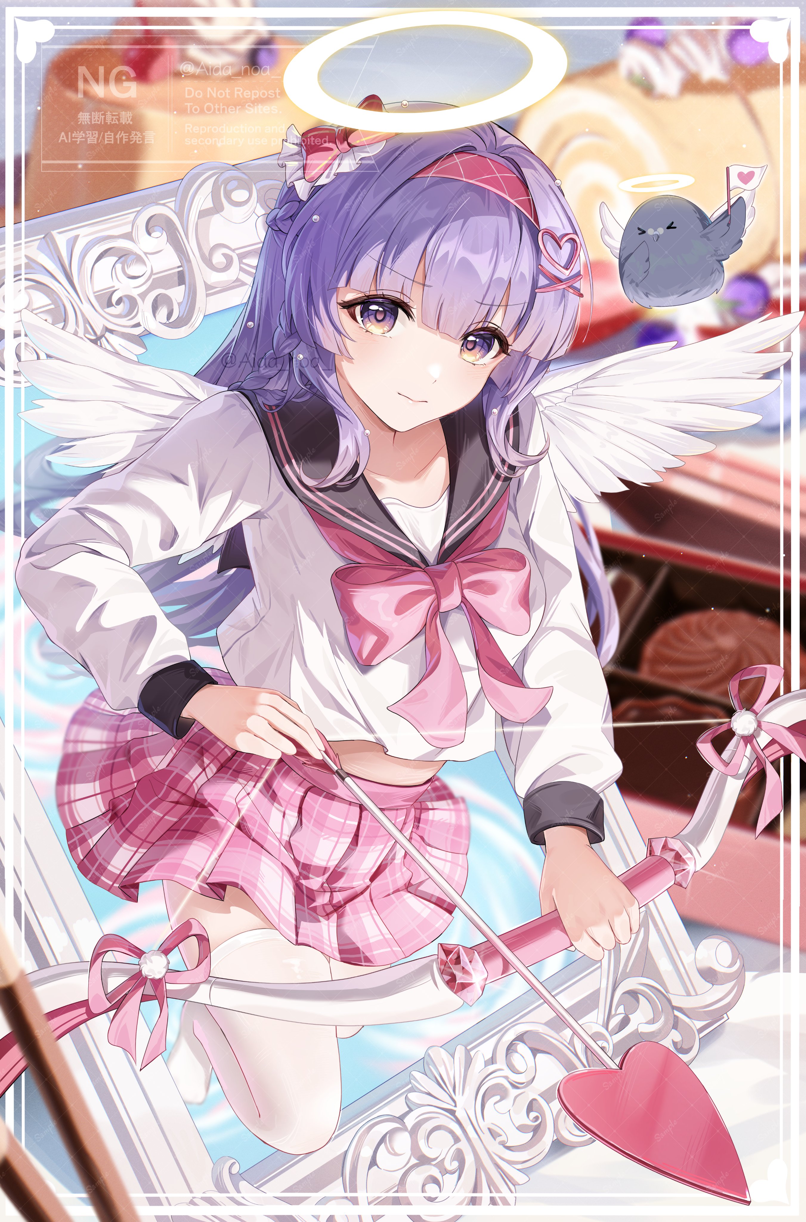 aida noa, rutice, indie virtual youtuber, absurdres, commentary, commission, highres, skeb commission, 1girl, angel, angel wings, arrow (projectile), black sailor collar, blush, bow, bow (weapon), bowtie, closed mouth, drawing bow, full body, hairband, halo, holding, holding bow (weapon), holding weapon, long hair, long sleeves, looking at viewer, no shoes, pink bow, pink bowtie, pink skirt, plaid clothes, plaid skirt, pleated skirt, purple hair, red hairband, sailor collar, school uniform, serafuku, shirt, skirt, solo, thighhighs, traditional halo, virtual youtuber, weapon, white shirt, white thighhighs, wings, yellow eyes, zettai ryouiki