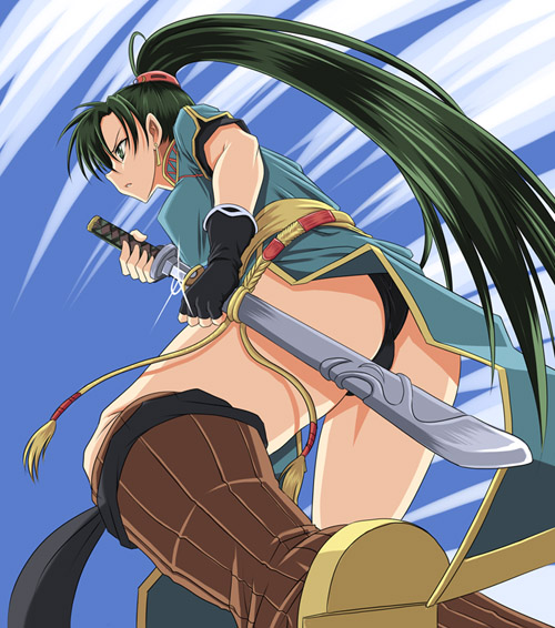 shunzou, lyndis (fire emblem), fire emblem, fire emblem: rekka no ken, nintendo, ass, black panties, from below, panties, pantyshot, ponytail, sheath, sword, underwear, unsheathing, weapon