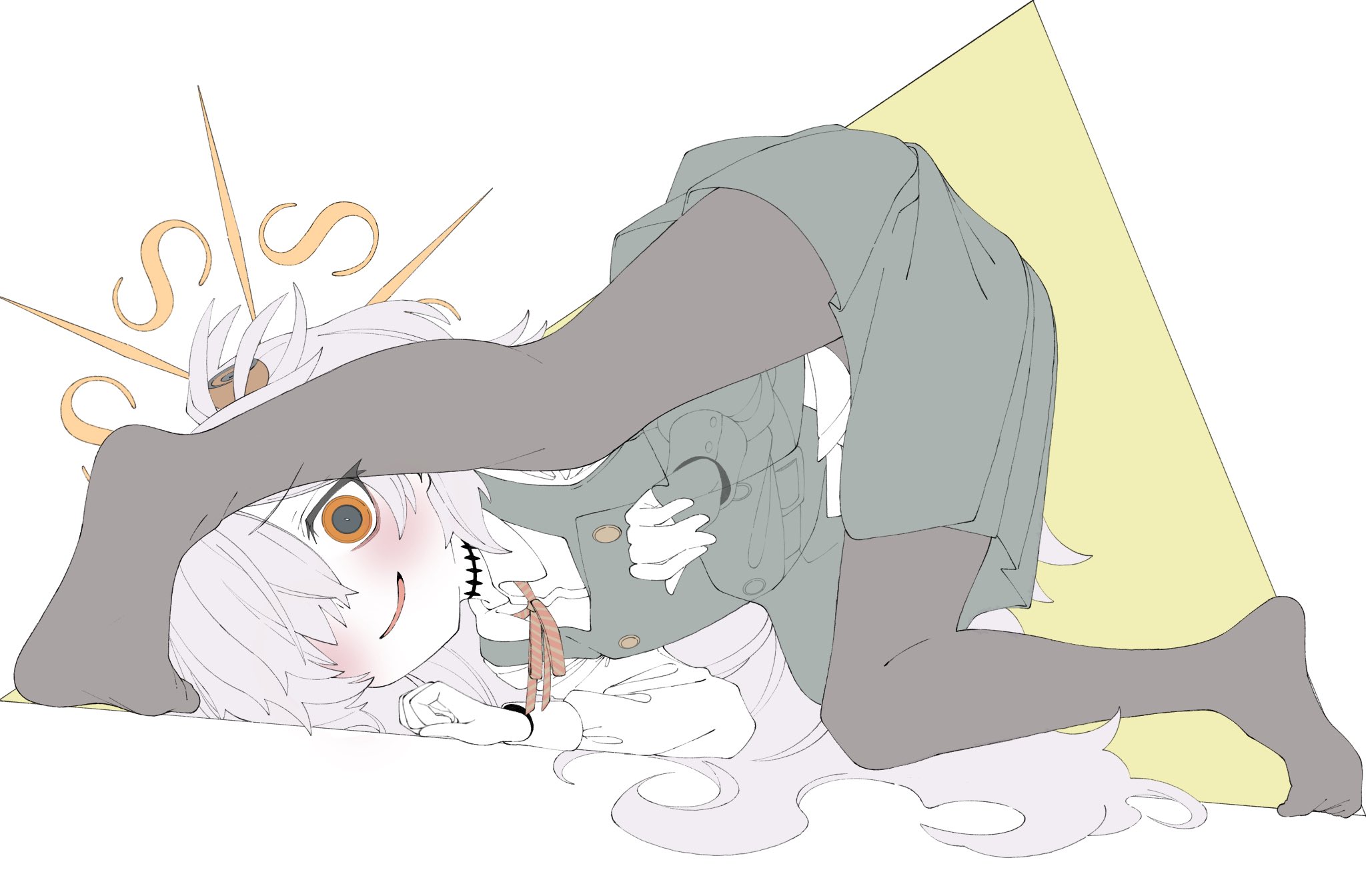 kanoe (blue archive), blue archive, highres, 1girl, black pantyhose, blush, collared shirt, draw mira chi, dress, feet, green dress, grey hair, hair over one eye, halo, legs, long hair, long sleeves, looking at viewer, neck ribbon, no shoes, one eye covered, open mouth, orange eyes, pantyhose, parted lips, pinafore dress, red ribbon, ribbon, shirt, simple background, skirt, sleeveless, sleeveless dress, smile, soles, solo, toes, top-down bottom-up, very long hair, white background, white shirt