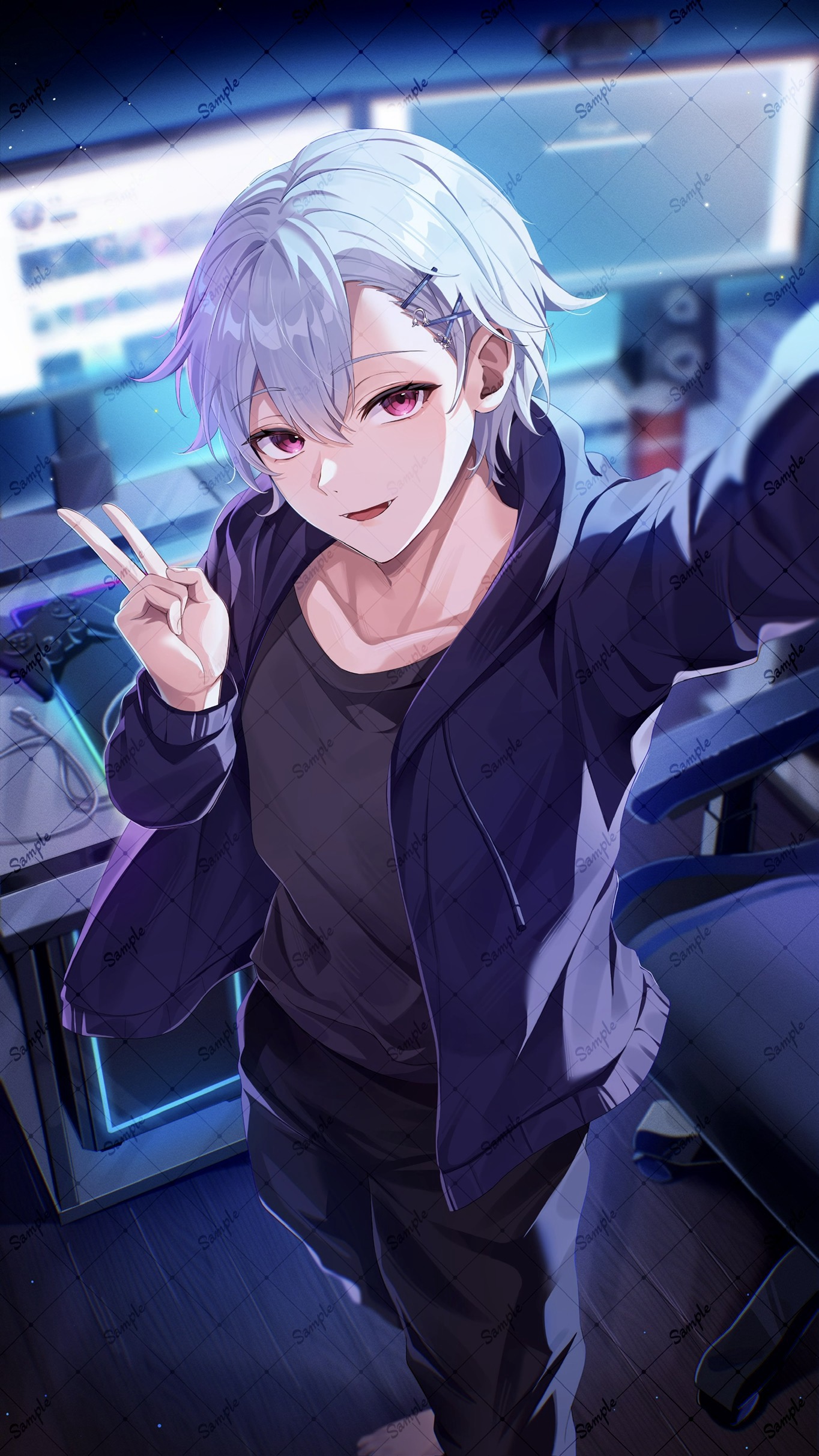aida noa, original, absurdres, commentary, commission, highres, skeb commission, 1boy, arm up, black pants, black shirt, blue hair, computer, computer keyboard, controller, feet out of frame, game controller, hair between eyes, hair ornament, hood, hood down, hoodie, indoors, long sleeves, looking at viewer, male focus, monitor, open clothes, open hoodie, open mouth, outstretched arm, pants, purple hoodie, red eyes, sample watermark, shirt, short hair, smile, solo, speaker, standing, watermark, watermark grid, x hair ornament