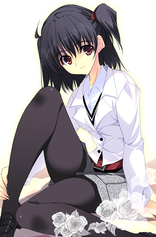 kobayashi chisato, original, 1girl, ahoge, belt, black hair, black pantyhose, black shoes, blue eyes, blush, bow, braid, buckle, buttons, female focus, flower, hair bow, knee up, long sleeves, looking at viewer, miniskirt, pantyhose, red eyes, rose, shirt, shoes, simple background, single braid, skirt, smile, solo, twintails, two side up, white background, white flower, white rose, white shirt