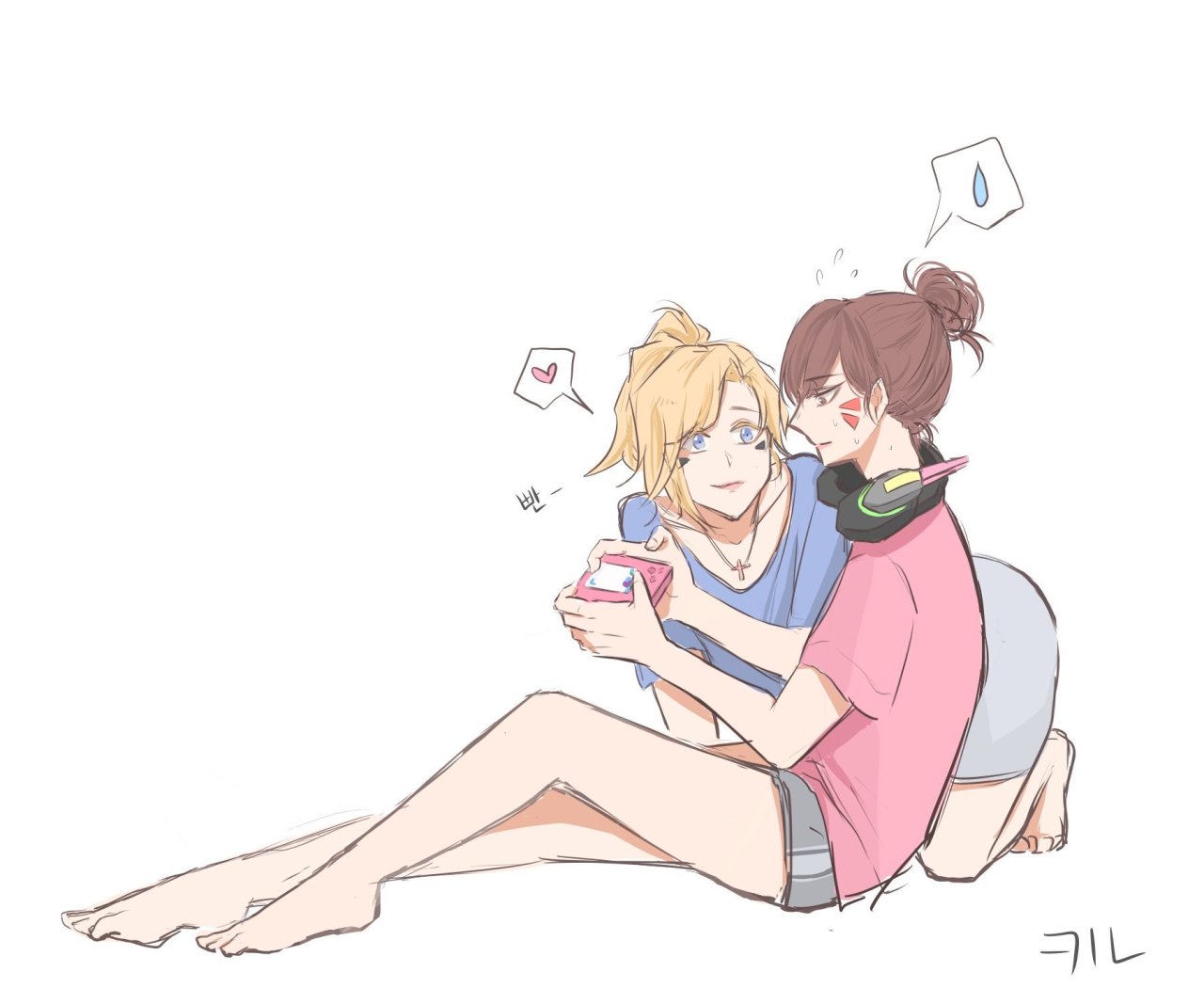 d.va (overwatch), mercy (overwatch), overwatch, overwatch 1, 2girls, barefoot, blue eyes, blue skirt, blush, brown hair, cross, facial mark, female focus, hair bun, handheld game console, headphones, heart, jewelry, kiss, kneeling, korean text, long hair, multiple girls, necklace, pants, pink shirt, ponytail, servadakin, shirt, shorts, sitting, skirt, sweatdrop, white background, yuri