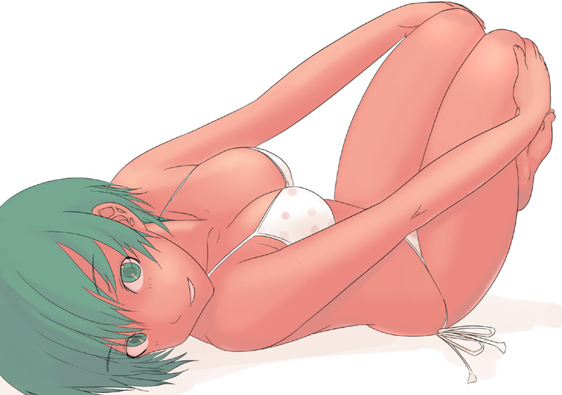 kiriman (souldeep), original, 1girl, bikini, breasts, cleavage, collarbone, female focus, green eyes, green hair, grin, hands on own knees, knees up, looking at viewer, lying, matching hair/eyes, on back, polka dot, polka dot bikini, polka dot swimsuit, short hair, side-tie bikini bottom, simple background, smile, solo, swimsuit, white background, white bikini