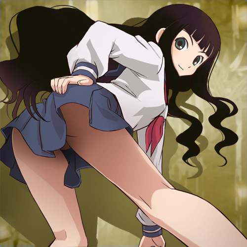 haruyama kazunori, itoshiki rin, sayonara zetsubou sensei, lowres, 00s, 1girl, ass, bent over, black hair, blue skirt, convenient censoring, female focus, green eyes, hand on own ass, long hair, long legs, looking back, miniskirt, no panties, school uniform, serafuku, skirt, solo, thighs, very long hair