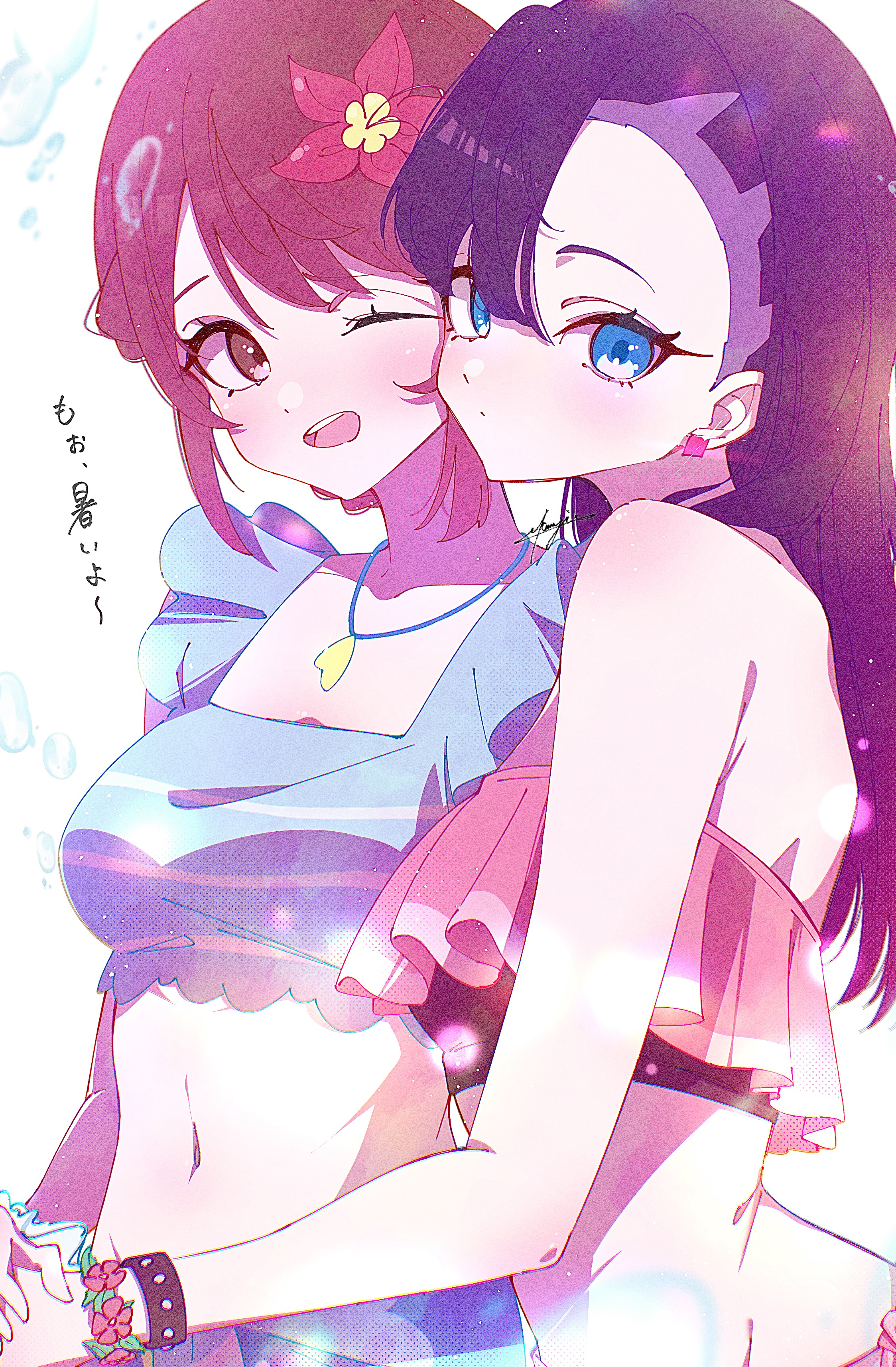 marie (pixiv59672544), gloria (pokemon), gloria (summer 2021) (pokemon), marnie (pokemon), marnie (summer 2021) (pokemon), nintendo, pokemon, pokemon masters ex, absurdres, commentary request, highres, 2girls, ;d, alternate eye color, alternate hairstyle, armpit crease, asymmetrical bangs, black hair, blue eyes, bracelet, breasts, brown eyes, brown hair, hair down, holding hands, jewelry, long hair, looking at viewer, multiple girls, navel, one eye closed, open mouth, pendant, short hair, simple background, small breasts, smile, stomach, undercut, upper body, white background