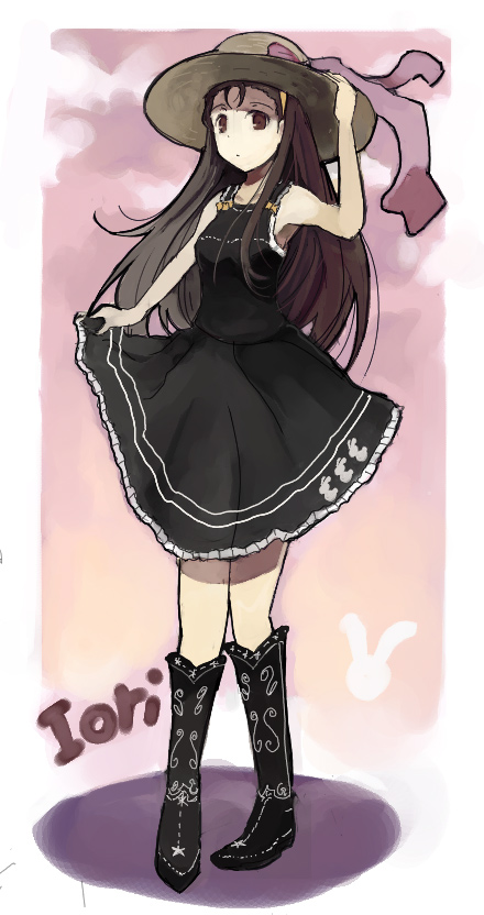 pos (shiratama-ya), minase iori, idolmaster, idolmaster (classic), 00s, 1girl, arm up, armpits, bare arms, bare shoulders, black boots, black dress, boots, bow, breasts, brown eyes, brown hair, brown hat, character name, collarbone, dress, female focus, frilled dress, frills, hairband, hand on headwear, hat, hat bow, headband, knee boots, looking at viewer, orange hairband, pigeon-toed, pink bow, sketch, skirt hold, sleeveless, sleeveless dress, small breasts, solo, standing, straw hat, tareme