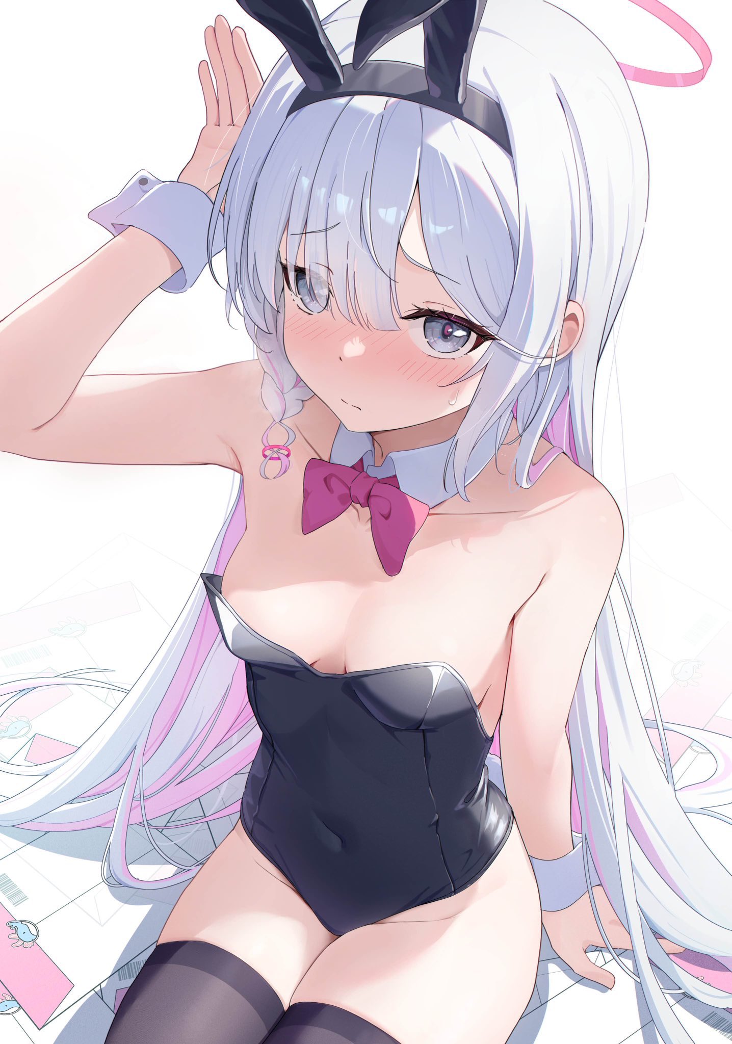 haluka o0, plana (blue archive), blue archive, highres, animal ear hairband, animal ears, black eyes, black hairband, black thighhighs, blush, bow, bowtie, braid, breasts, colored inner hair, detached collar, fake animal ears, hair over one eye, hairband, halo, leotard, long hair, looking at viewer, multicolored hair, pink hair, playboy bunny, rabbit ears, rabbit pose, red halo, red pupils, single braid, sitting, small breasts, sweat, thighhighs, thighs, white hair, wrist cuffs